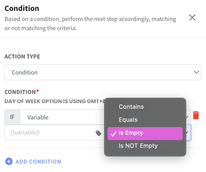 flowbuilder condition is empty, is not empty