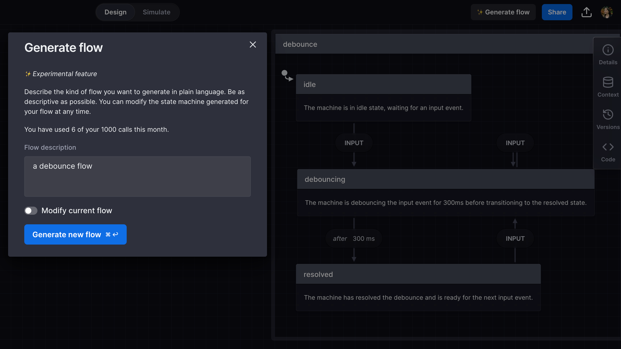 Generate flow dialog: Experimental feature. With the flow description of  “a debounce flow”, hovering over the button to Generate new flow. The generated flow is visible in the background.