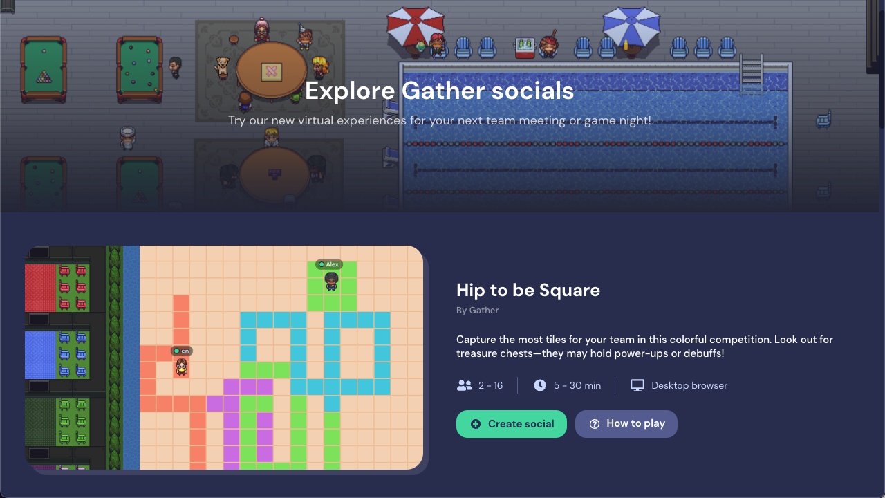 The Gather socials for teams landing page with a preview of the hip to be square game