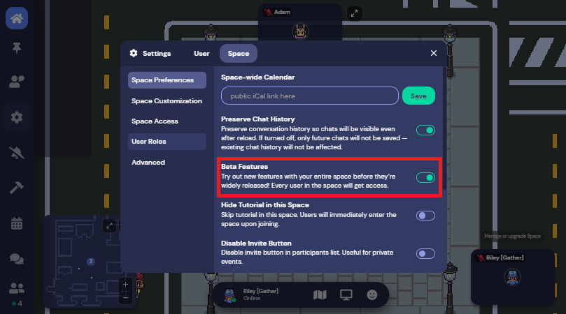 The Settings modal is open to Space Preferences, and Beta Features is outlined in red and toggled on.