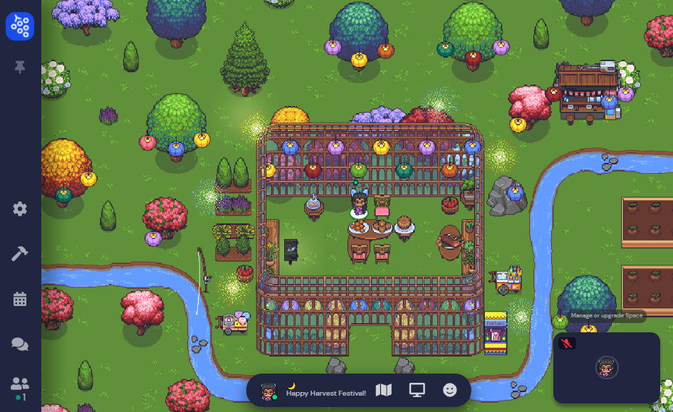 A screenshot of the greenhouse template, which features a building made of windows next to a stream, with paper lanterns hanging throughout the greenhouse and in the colorful trees surrounding the greenhouse. 