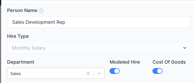 Modeled Hires and COGS toggle