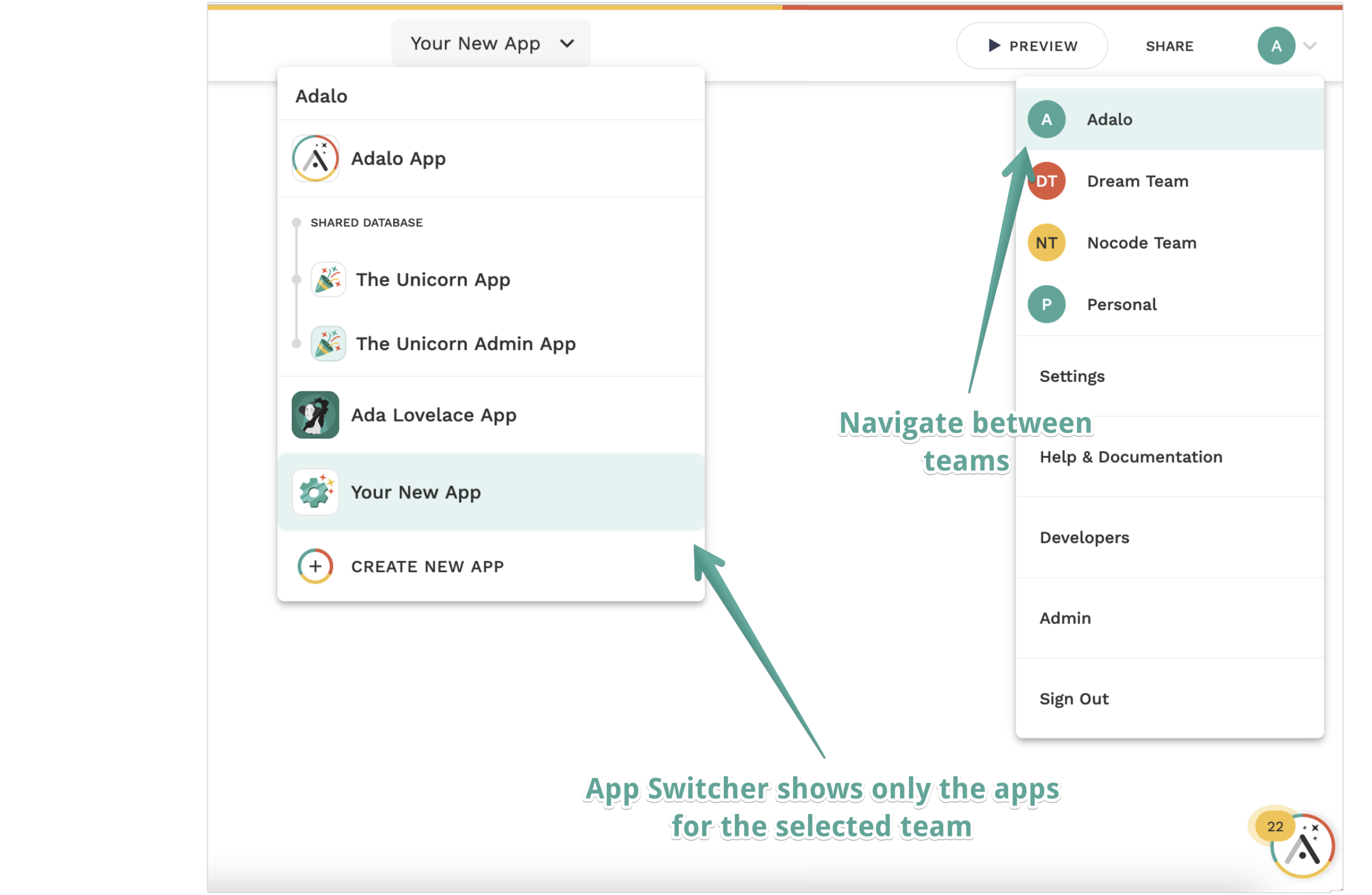 Adalo Editor Interface App Switcher and Team Switcher